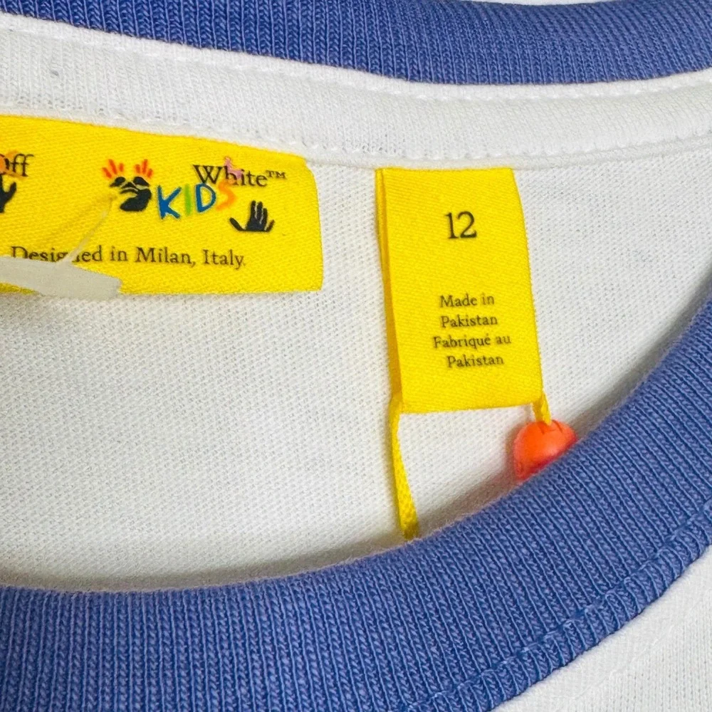 Off-White Kids Ringer Tee Floral Logo Unisex Size 12 White Blue Hype Streetwear